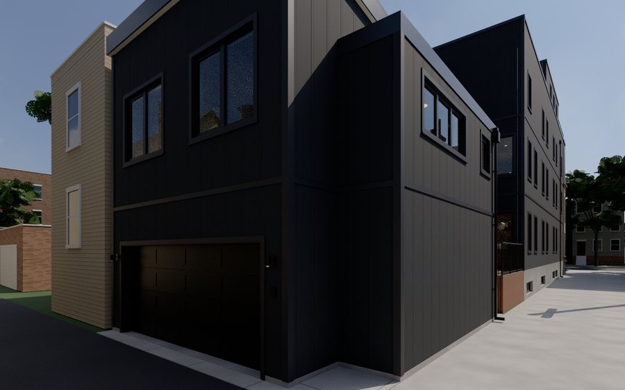 Path-traced view of the ADU and 2-car garage from the rear alley