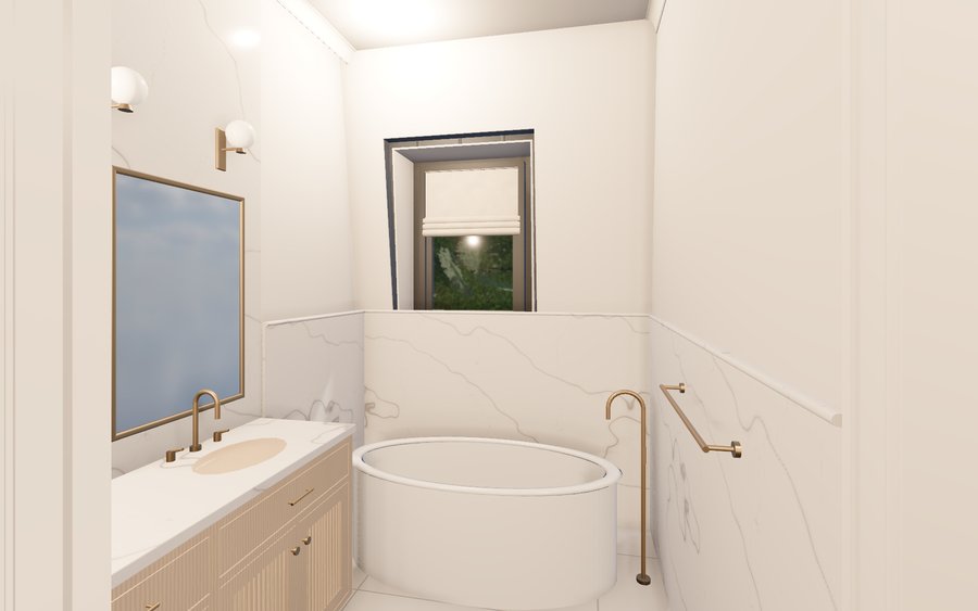 Third-floor primary bath with marble wainscot