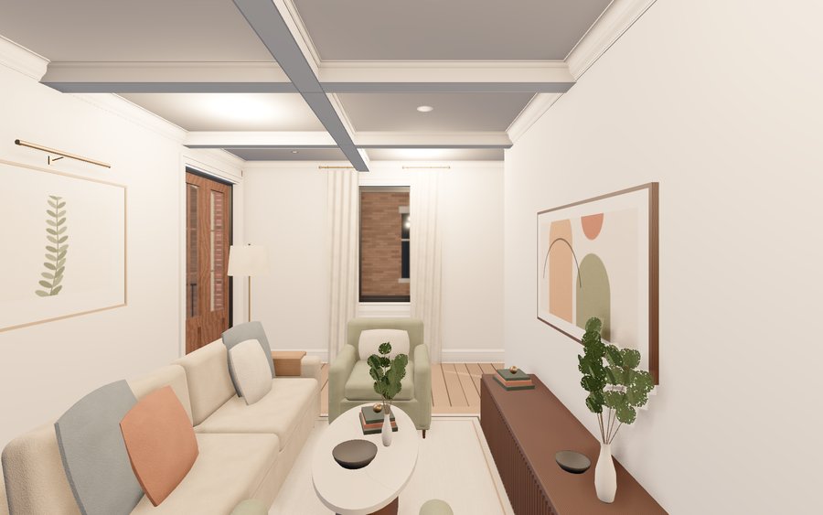 Second-floor family room with coffered ceiling and fireplace
