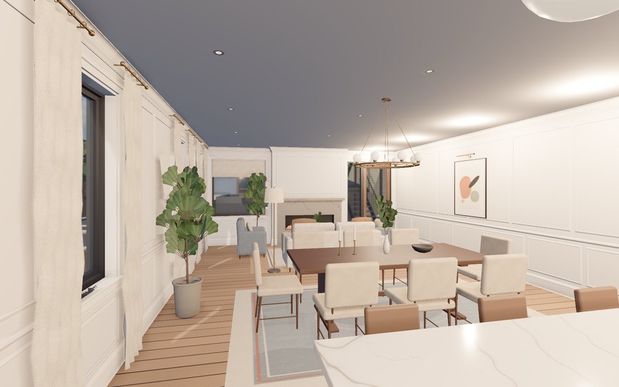 Second-floor living, dining and kitchen