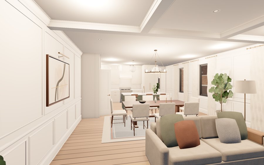 First-floor living, dining and kitchen
