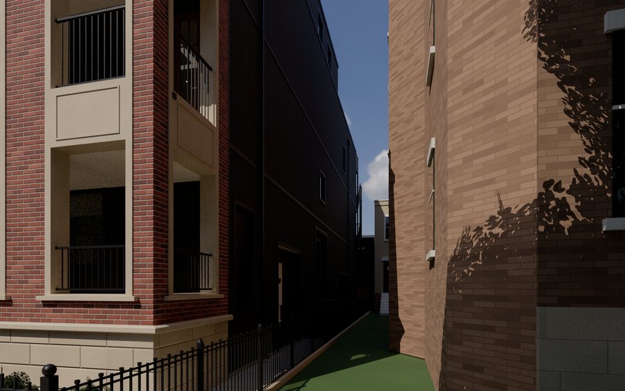 Path-traced view down the north entry walk and gate