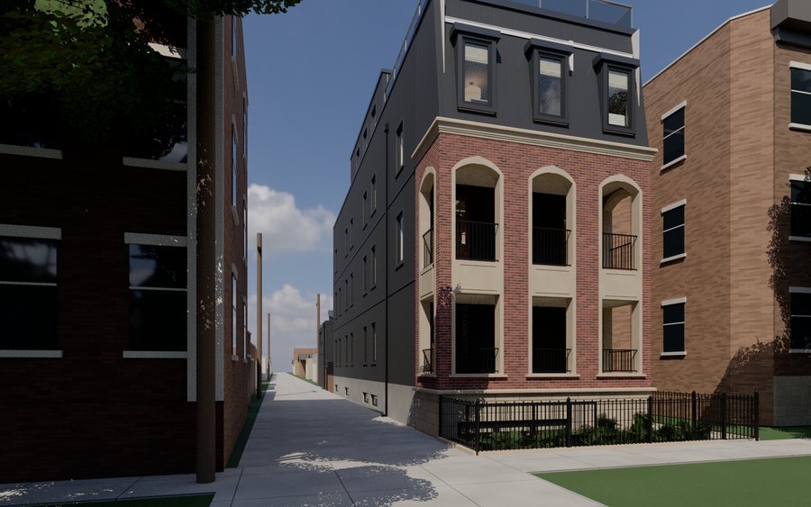 Path-traced view from the corner of Racine and the 15-foot alley