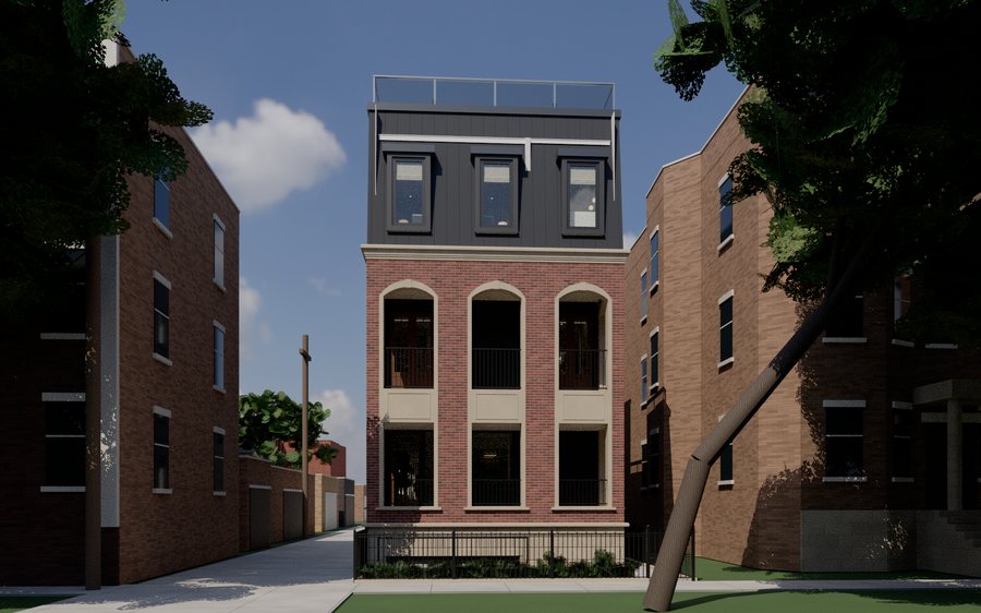 Path-traced view of the Racine Avenue facade with the front fence